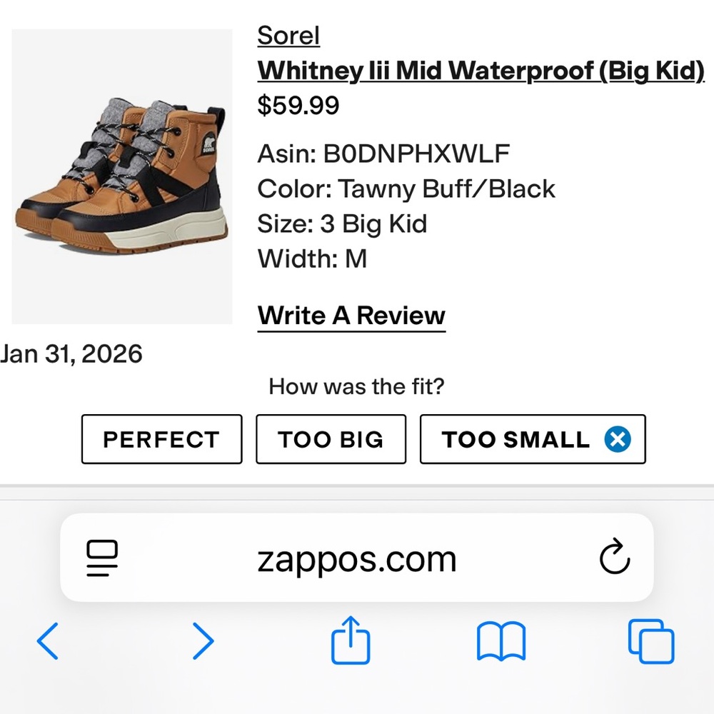 Sorel Whitney Waterpoof boots Big Kids Size 3